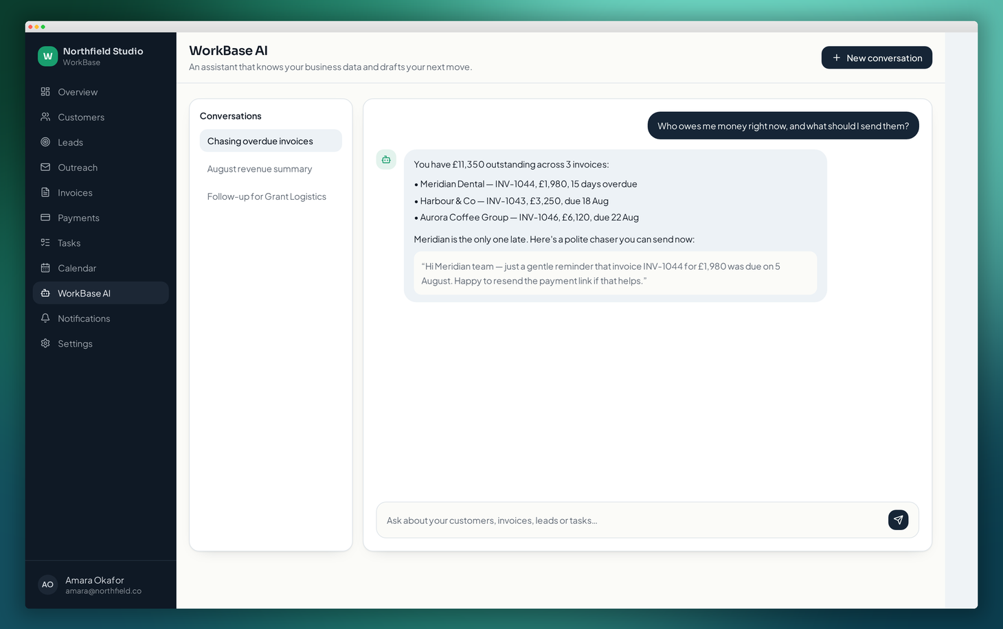 The WorkBase AI assistant answering a question about outstanding invoices and drafting a payment chaser